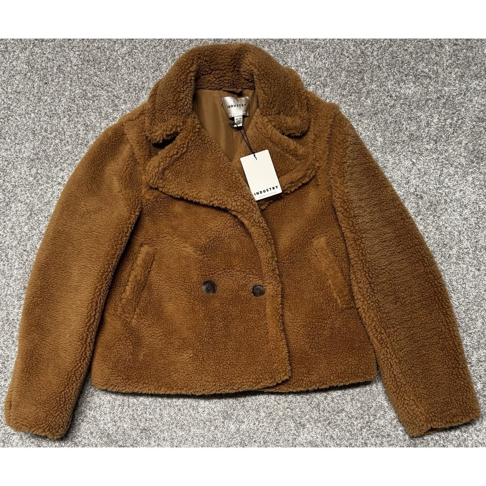 Industry Teddy Jacket Womens XS Brown Plush Cropped Coat Sherpa Button Up NEW!